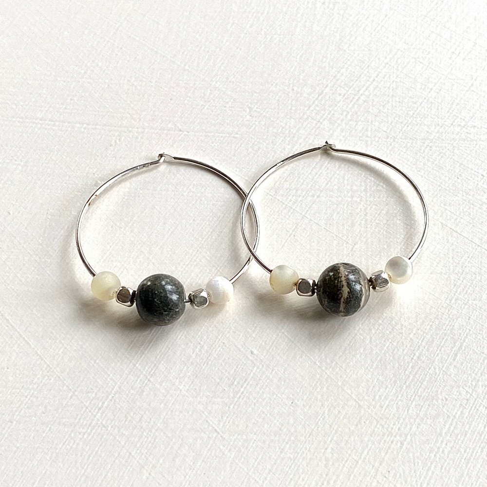 Handcrafted Mother of Pearl, Jasper and Sterling Silver Hoop Earrings
